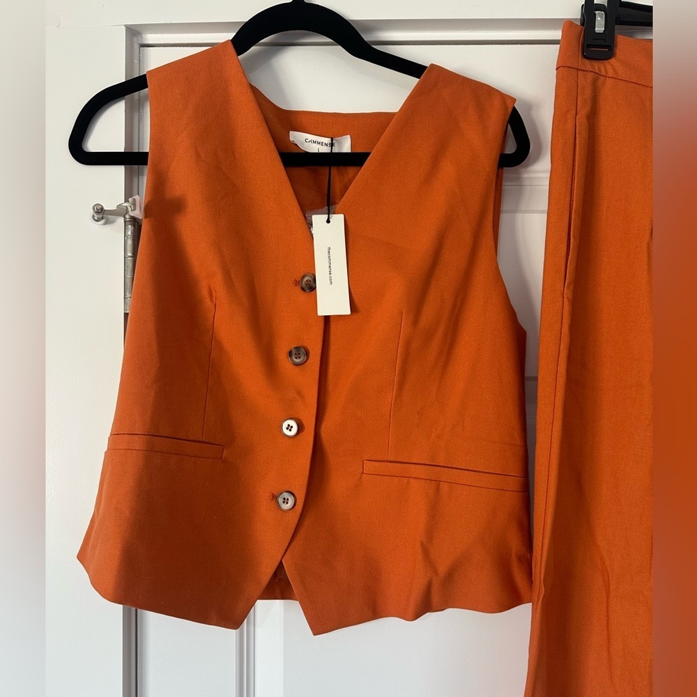 Women's Orange Linen Blend Pants & Vest Set - Picture 4 of 8